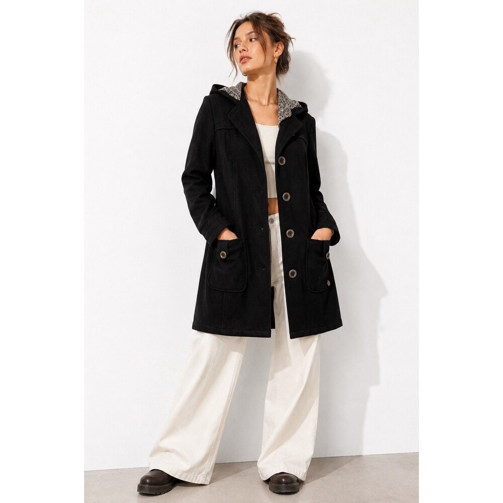 Roxy Black Wool Blend Hooded Long Coat XL Floral Lined Button Front Y2K